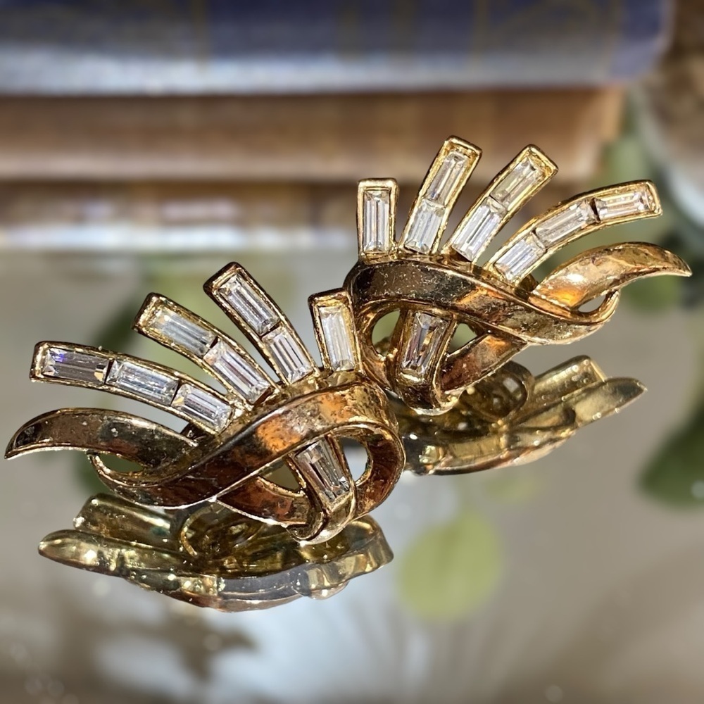 Crown Trifari Alfred Philippe Rhinestone Earrings Baguette Channel Setting Gold